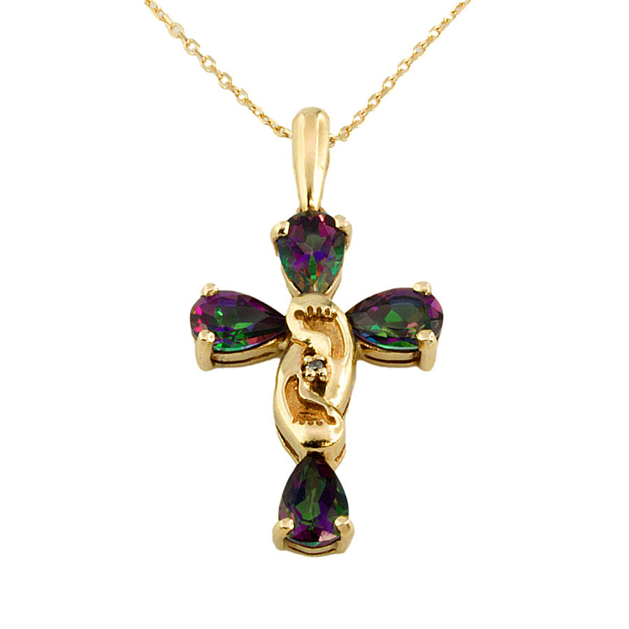 9ct gold Mystic Topaz/Diamond Cross Pendant with chain